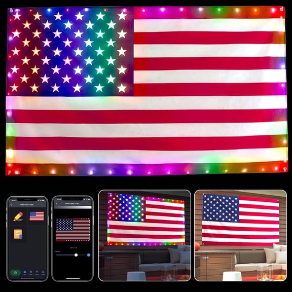 Smart RGB American Flag Lights 3x5FT 98LEDs Light up American Flag for Outside USB Plug with Function Button & App Control, DIY Light Show, 4th of July Independence Day and Outdoor Party Decor