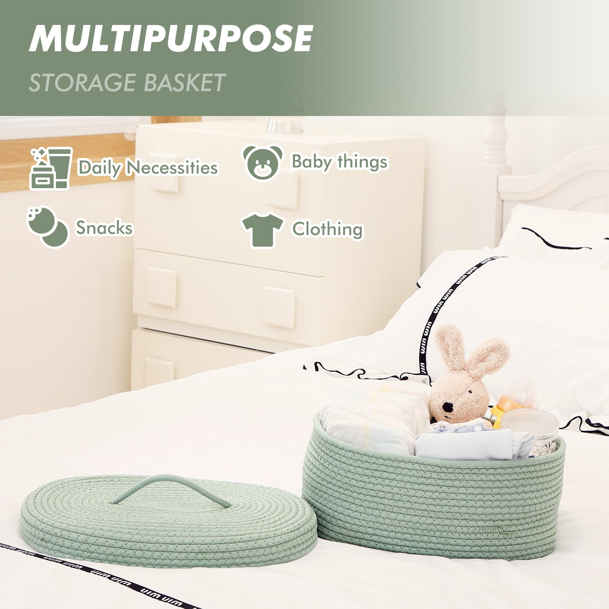 Sea Team Oval Cotton Rope Storage Basket with Lid, Lidded Woven Storage Bin, Nursery Storage Container, Diaper Caddy, Baby Shower Basket, Box, Organizer, 15 x 11 x 6.5 Inches, Green