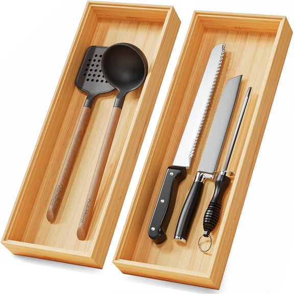 Long Bamboo Kitchen Drawer Organizer Boxes – 17" x 6" Stackable Wood Silverware Utensil Tray for Drawers Bins Cutlery & Flatware Storage