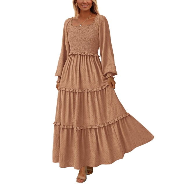 Vestido PRETTYGARDEN Maxi con Escote Cuadrado Fruncido y Mangas Largas en Caqui Talle S