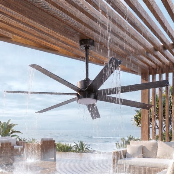56" Outdoor Ceiling Fans for Patios Waterproof, All Weather UV Coating ABS 7 Blades Large Airflow Modern Black Wet Rated Fan for Exterior Outside Porch Gazebo Garage, 3CCT Dimmable Quiet DC Motor