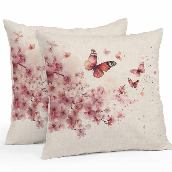 Waterproof Throw Pillow Covers Set of 2, 20x20 Inch Pink Butterfly Decorative Pillowcases Outdoor Pillow Slip Cushion Covers Set for Couch Tent Vintage Pastoral Spring Flowers Floral
