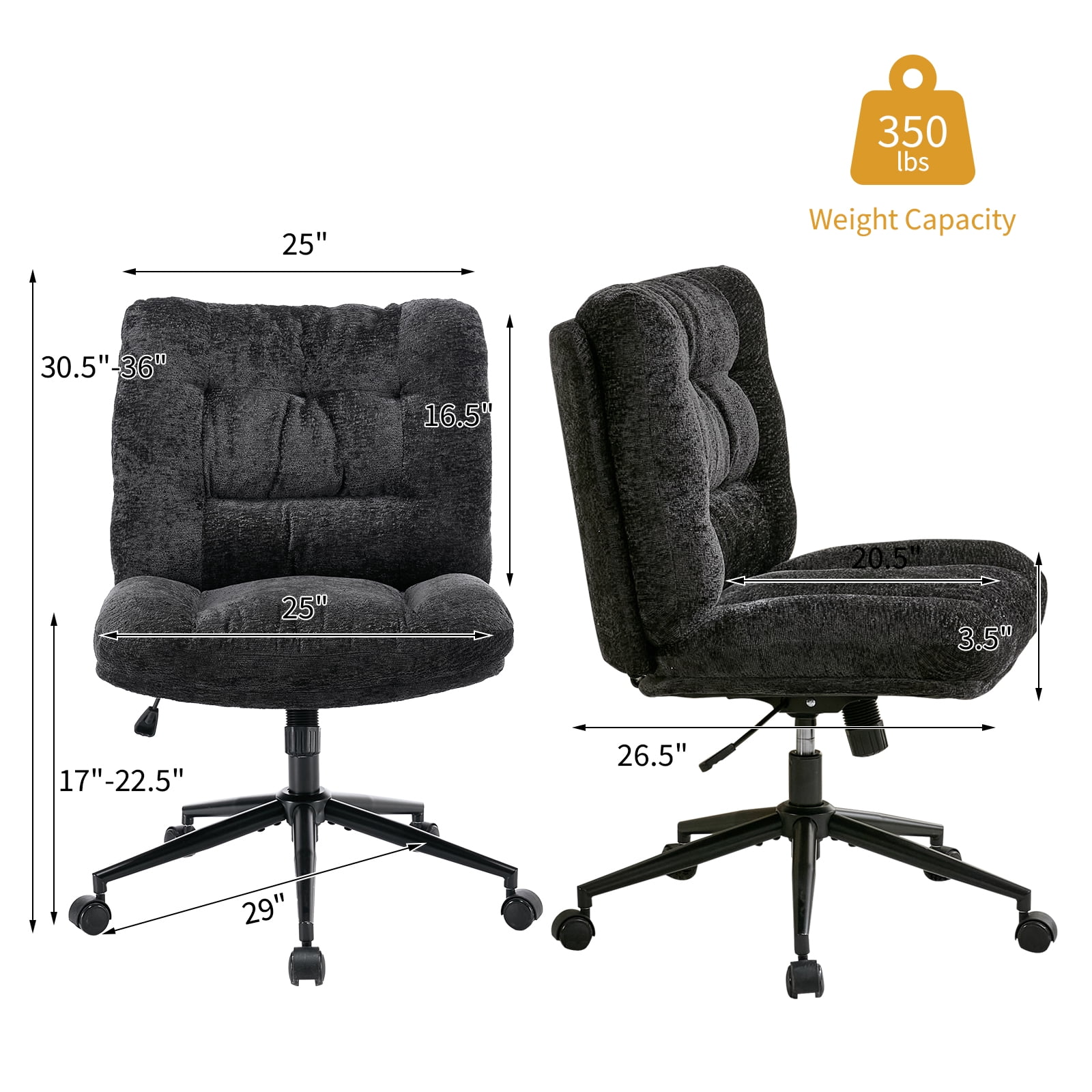 Soft Chenille Cross-Legged Office Chair,Wide Seat Armless Desk Chair with Double Cushion, Swivel Adjustable Vanity Chair for Bedroom, Home Office,Black, EliteEdge
