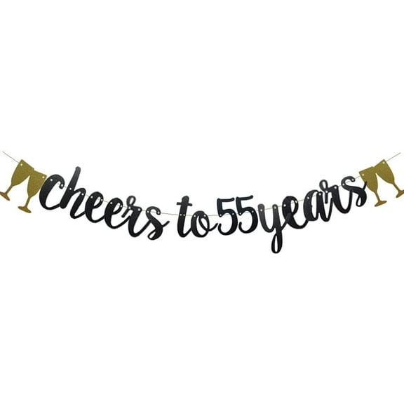 Cheers To 55 Years Banner,Pre-Strung, Black Paper Glitter Party Decorations For 55TH Wedding Anniversary 55 Years Old 55TH Birthday Party Supplies Letters Black