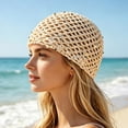 thumbnail image 3 of Ticikt Women Crochet Skull Cap, Handmade Hollow Fishnet Sequin Solid Cotton Hair Wrap Fashion Styling Beanie,Beige, 3 of 4