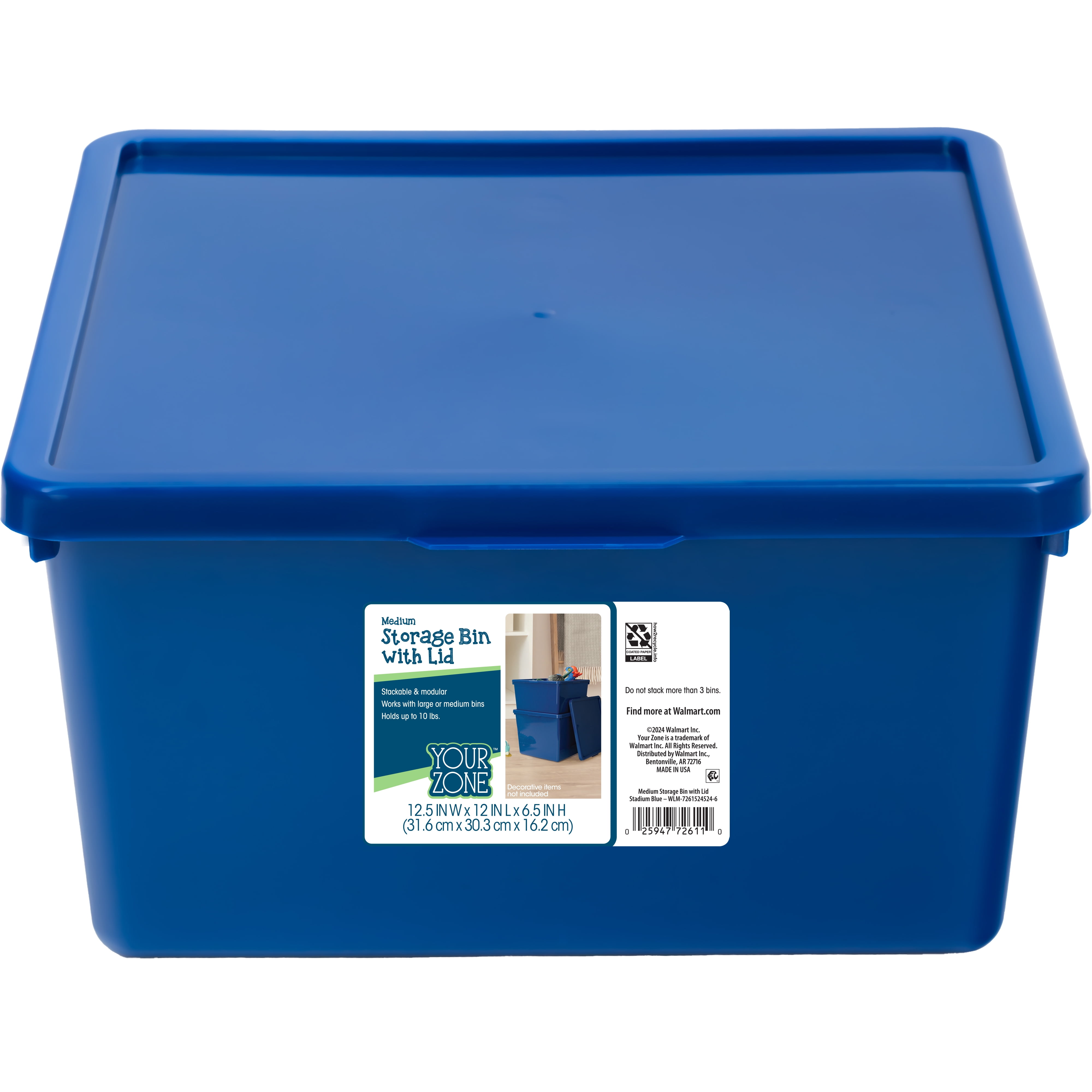 Your Zone Kids Medium Plastic Stacking Storage Bin with Lid, Blue, 12 in x 12.4 in x 6.3 in