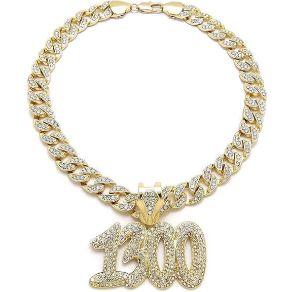 Hip Hop Iced Gold Plated Cubic Zirconia Rapper Style " 1300 " Bling Pendant & 10mm 24" Iced Cuban Chain Necklace Set Perfect Gift