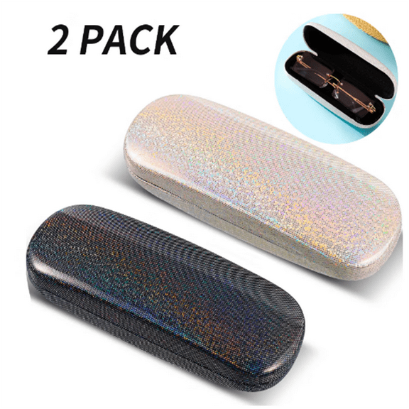 ZOUYUE 2pcs Glitter Hard Shell Eyeglasses Case,Portable Dazzling Glasses Case for Women Men Girl Travel Study Work,6.4*2.5in(Black and White)