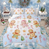 Manfei Christmas Gingerbread Man Full Size Comforter Sets, Xmas Tree Snowflake Candy Bedding Comforter Set, Blue Christmas Cartoon Reversible Bedding Sets, Luxury Bedroom Decor, 3-Piece