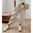 thumbnail image 1 of Pantalones casuales elásticos con bolsillos de algodón y lino para mujer de Europa y América., 1 of 6