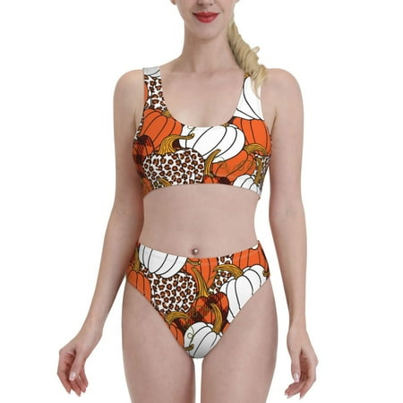 Bixox Various Pumpkins Pattern Two-Piece Sports Bikini with U-Shaped Top and High-Waist Bottom - Women s Swimwear with Removable Bra Pads