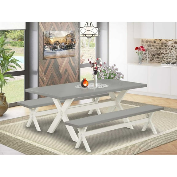 East West Furniture X2-097 3 Piece Table Set - 1 Cement Dining Room Table and 2 Bench for Dining Room Table - Stable and Sturdy Construction - Linen White Finish