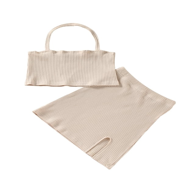 2Pcs Kids Summer Outfit Solid Color Ribbed Halter Neck Sleeveless Crop Tops + Short Slit Skirt for Girls 2-7 Years