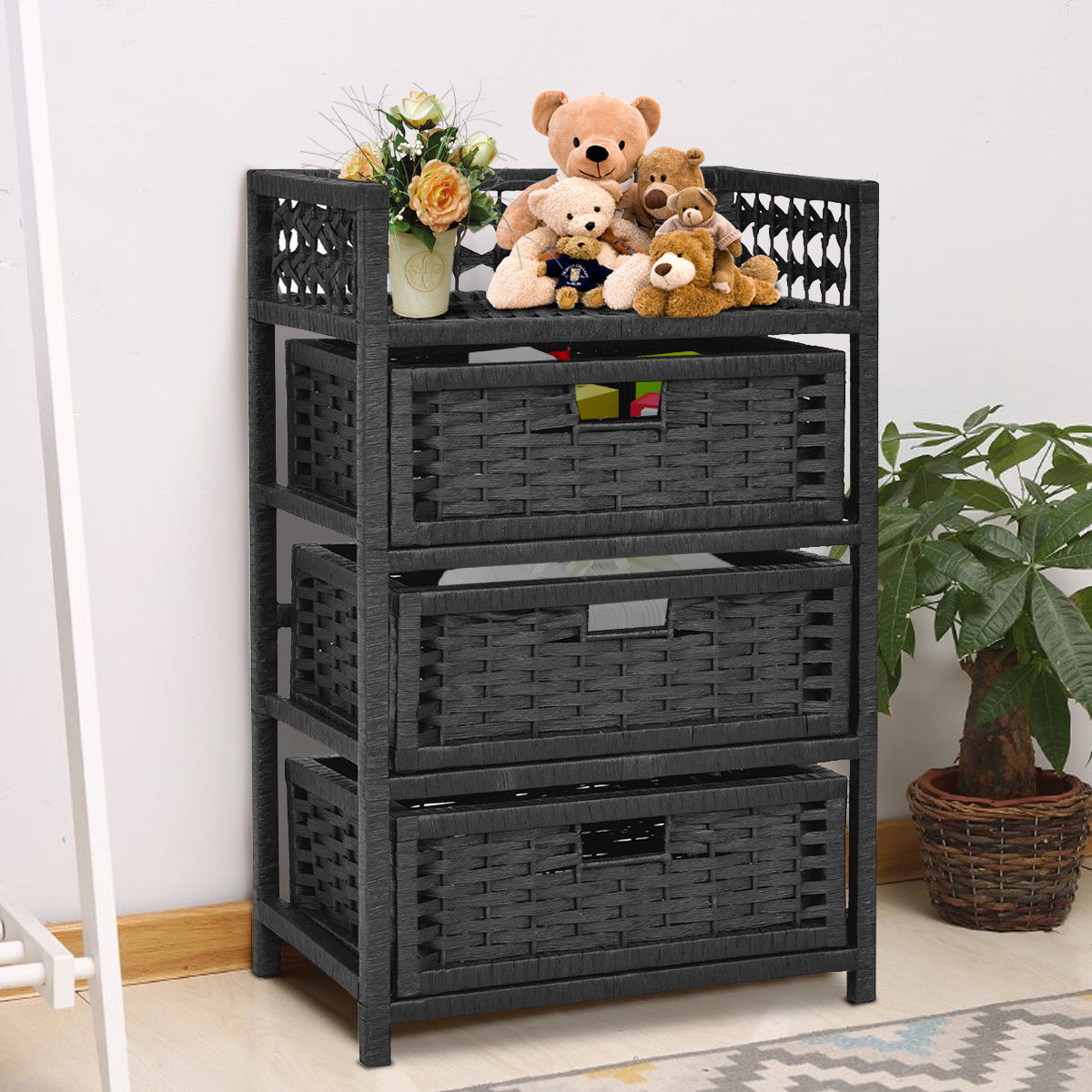 Gymax Storage Chest Tower Shelf 3 Drawer Wicker Baskets Storage Unit Black