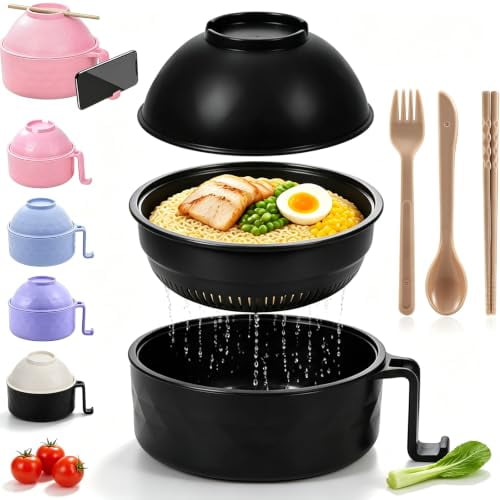 Multifunctional Ramen Bowl Set with Water Filter Bowl - Microwave Ramen Bowl, Noodle Cooker with Strainer