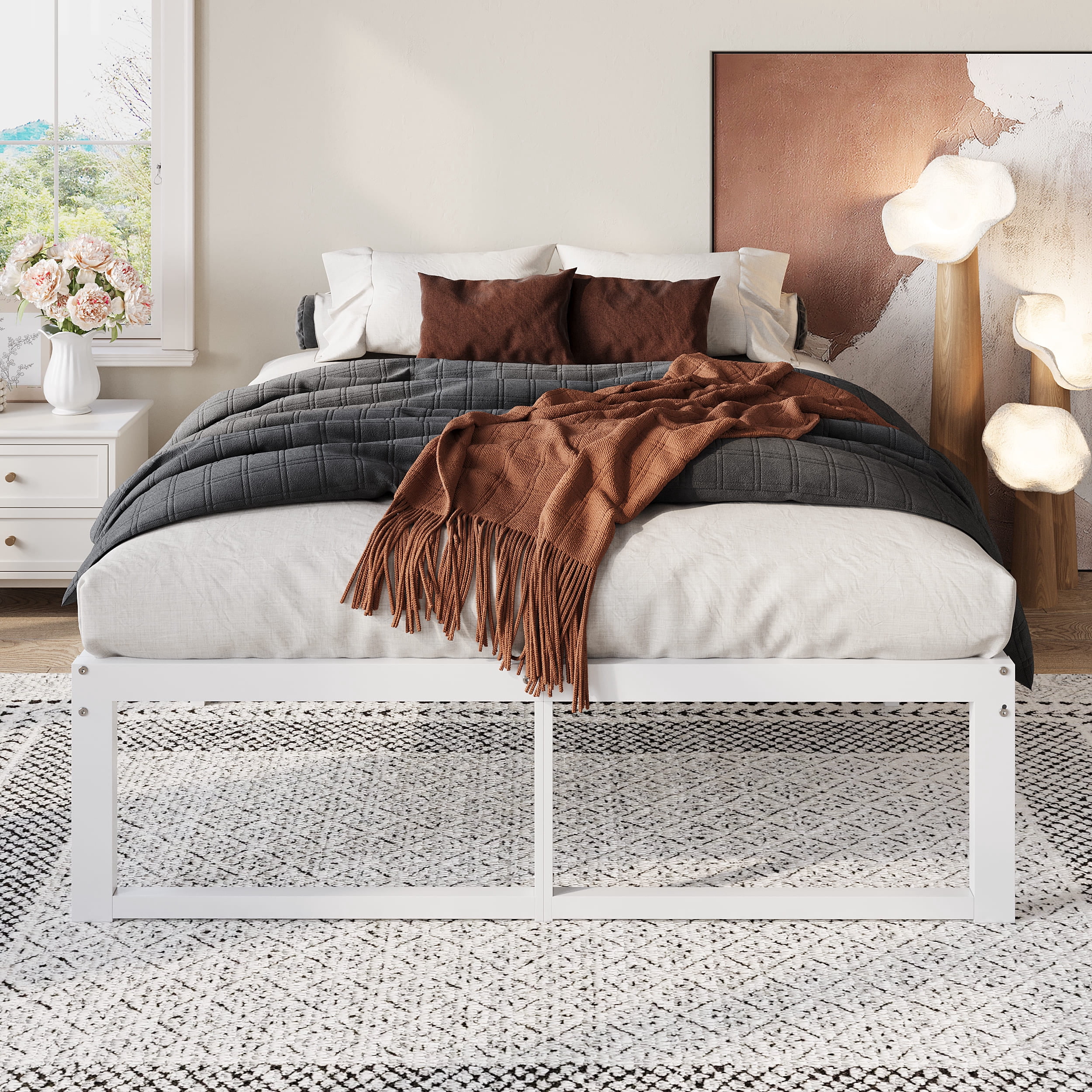 Amolife 14" Full Bed Frame Metal Platform Bed with Ample Storage Space Under Frame, Heavy Duty, White