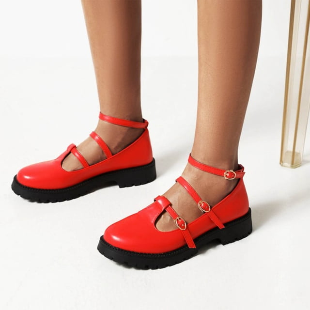 Zapatos de cuero para mujer Inglaterra boca baja gruesa con zapatos individuales cinturón Retro hebilla estudiante Wmkox8yii ghj2520