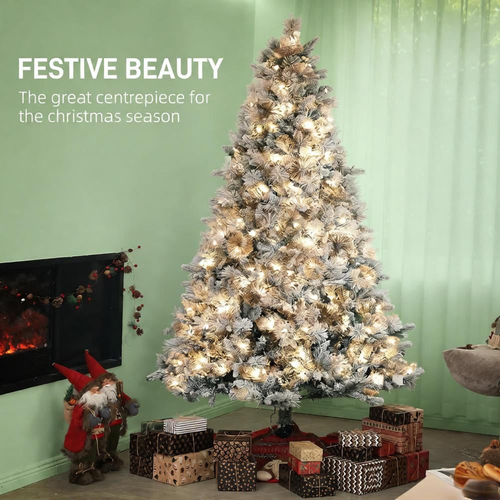 7.5ft Prelit Snow Flocked Christmas Tree with 500 Clear Lights 1530 Tips Auto-Open Branches Indoor Decor