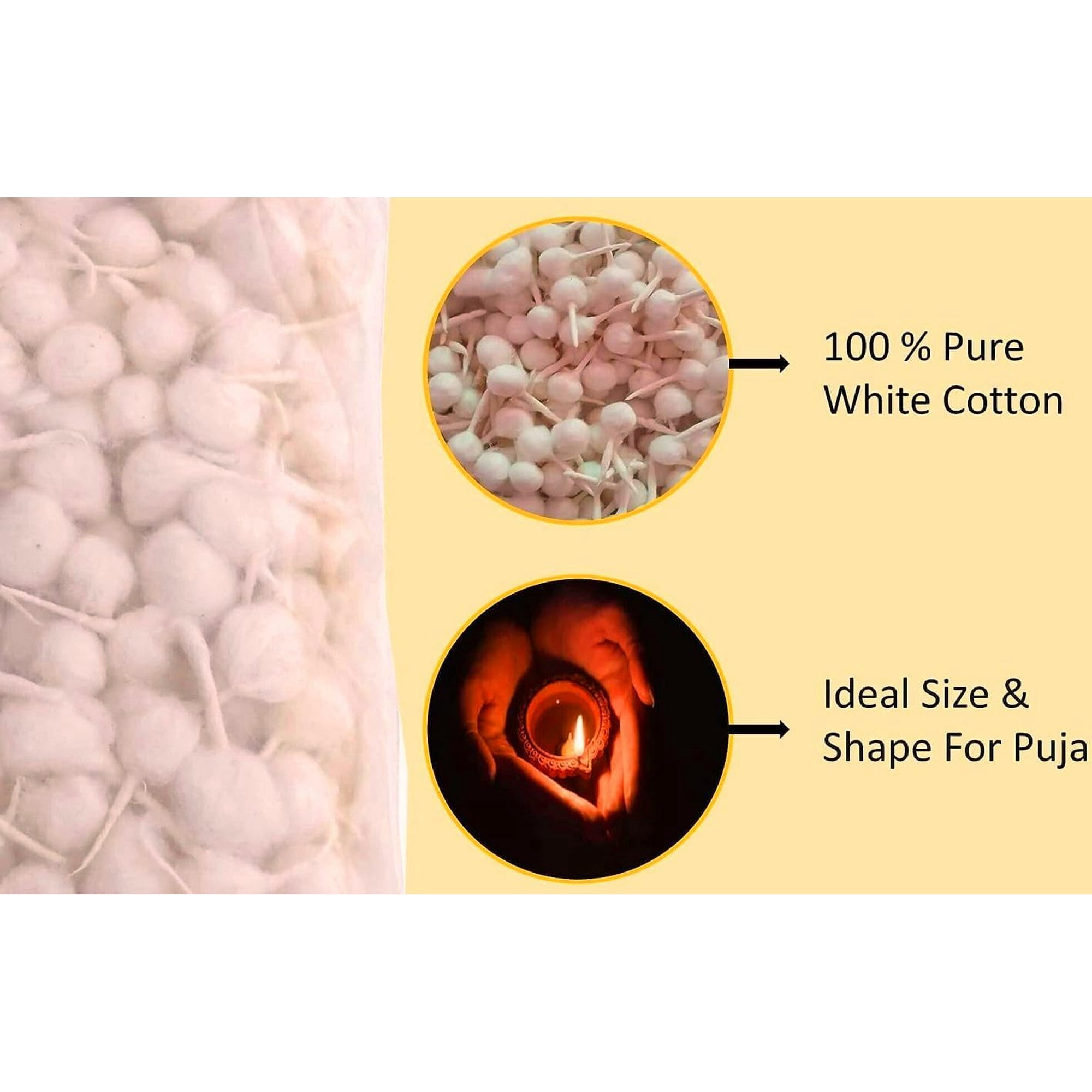 Cotton Pooja (Puja) Wick Baati, Round White Handmade Diya Wicks for Oil Lamp and Aarti, 1000 Count Pack