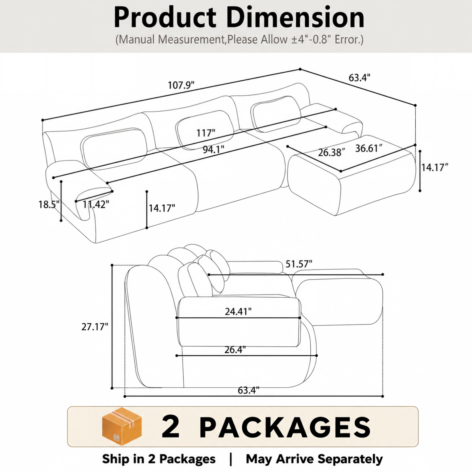 BSHTI 107.9" Chenille Sectional Sofa with 3 Pillows, Comfortable L Shaped Sofa with Premium Fabric and Modern Design for Living Room（Black）