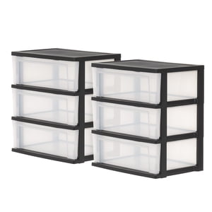 IRIS 3-Drawer Wide Plastic Storage Chest, Black, Set of 2