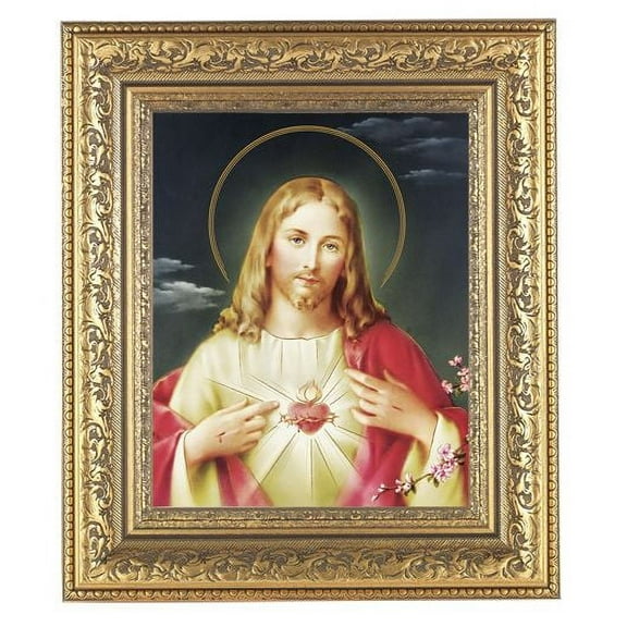 Sacred Heart of Jesus Picture Framed Wall Art Decor Large, Gold-Leaf Acanthus-Leaf Carvings Ornate Frame