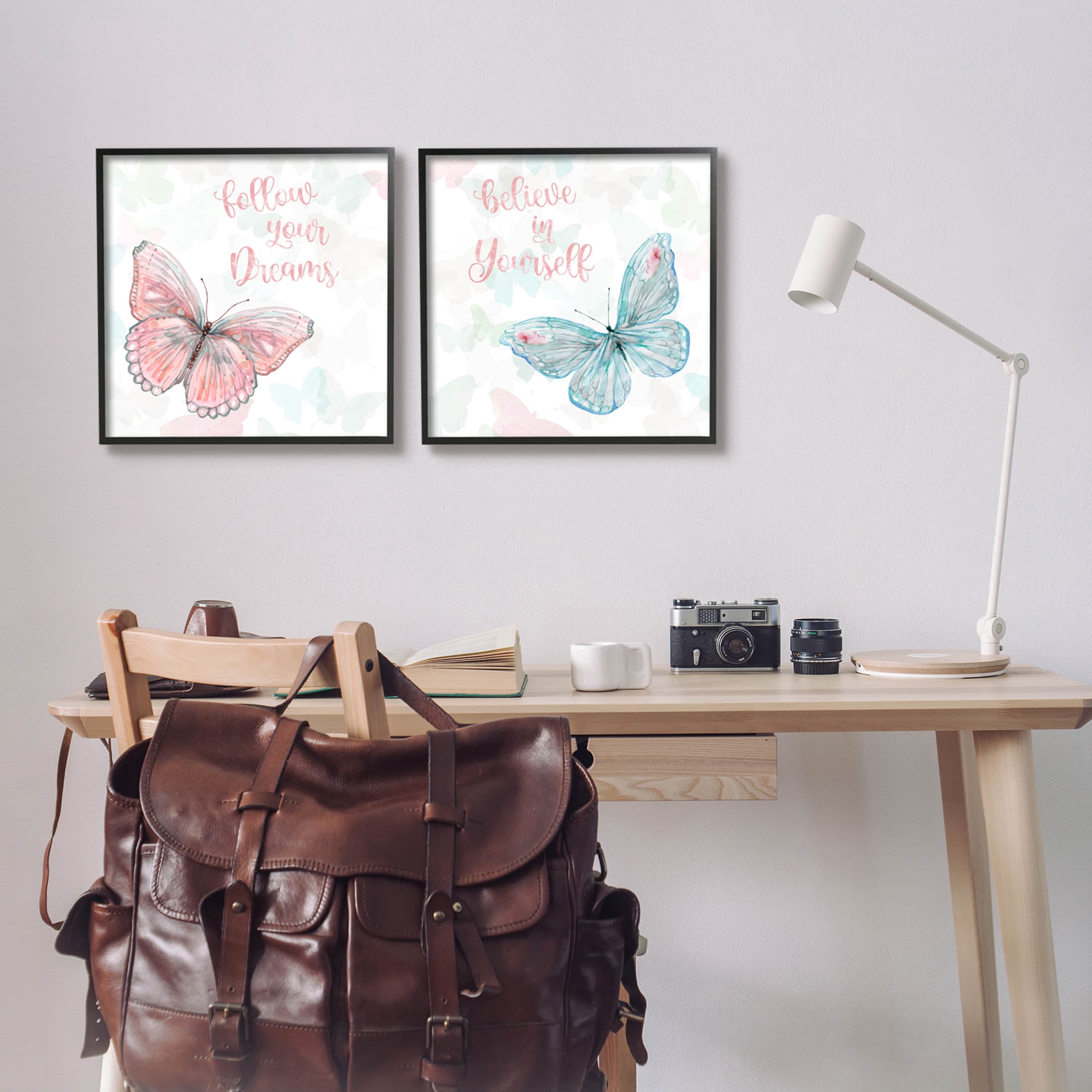 Believe In Dreams Butterflies Animals & Insects Graphic Art Black Framed Art Print Wall Art, Set of 2