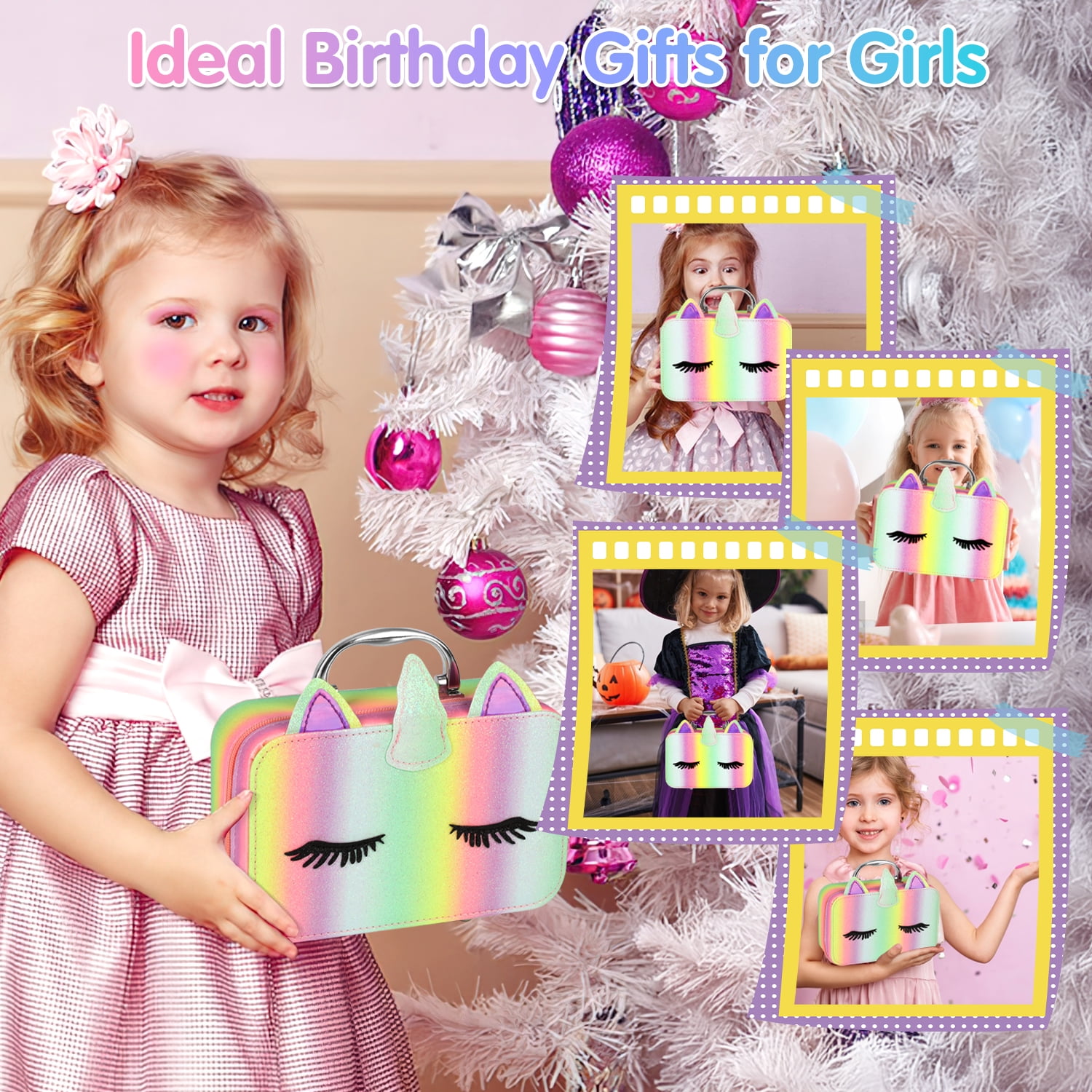 UQN Girls Makeup Kit with Unicorn Makeup Bag, Little Girls Makeup Kit for Kids 4-8-12 Toys, Pretend Princess Christmas/Birthday Gift for Kids Toddlers 4 5 6 7 8 9+ Years