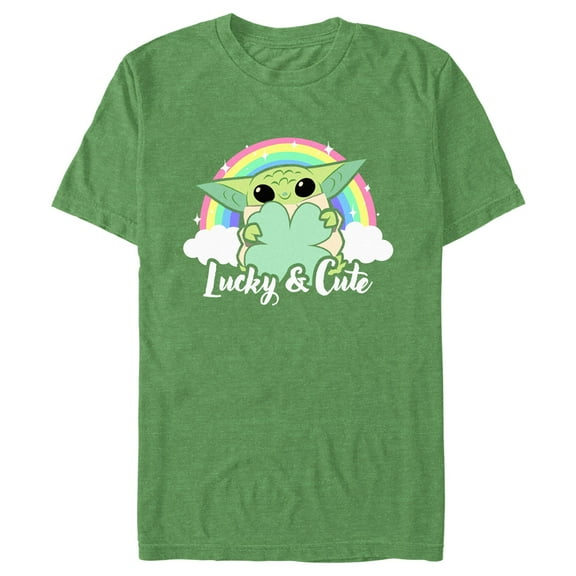Men's Star Wars: The Mandalorian Grogu St. Patrick's Day Rainbow Lucky and Cute Graphic Tee Kelly Heather 3X Large