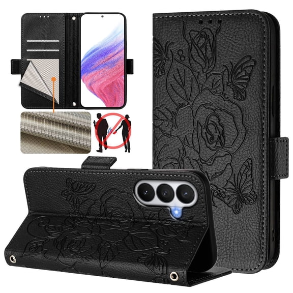 Designed for Samsung Galaxy A57 Case Wallet, Women Flip Folio Cover with Embossed PU Leather Stand Credit Card Holders Slots Wrist Strap Shoulder Strap Phone Case, RFID Blocking, Black
