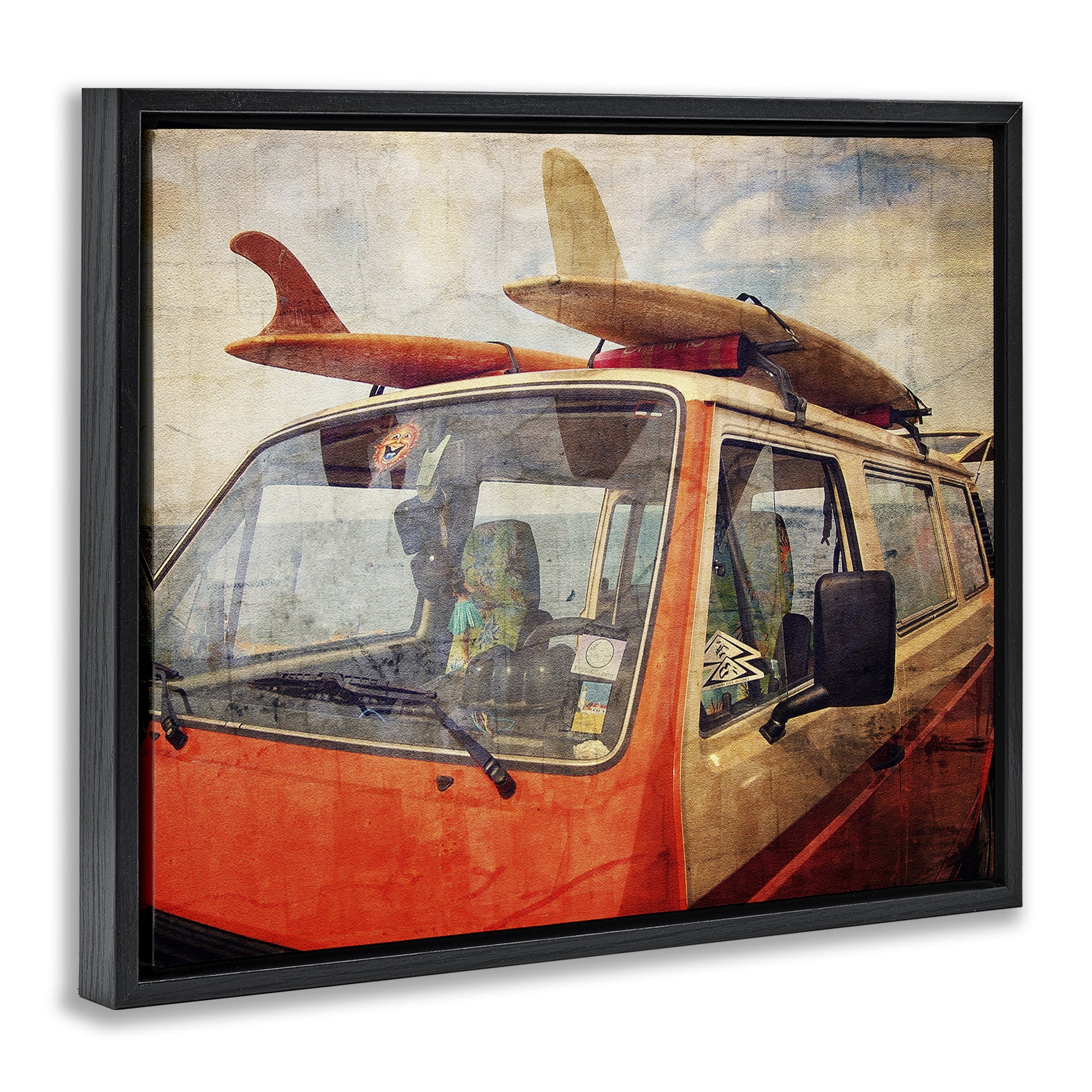 Stupell Industries Surf Bus Vintage Distressed Black Framed Floater Canvas Wall Art, design by Grotto Studios