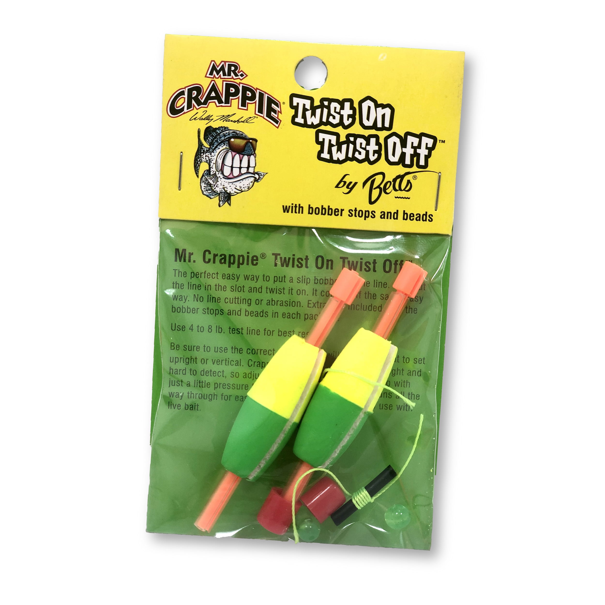 Mr. Crappie Twist On Twist Off Cigar Slip Fishing Float, Yellow/Green, 1  1/2, 2-pack 