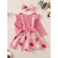 thumbnail image 6 of Aojekbee Baby Girl Fall Outfits Solid Color Long Sleeve Romper Floral/Strawberry Print Suspender Skirt Headband 3Pcs Clothes Set, 6 of 9