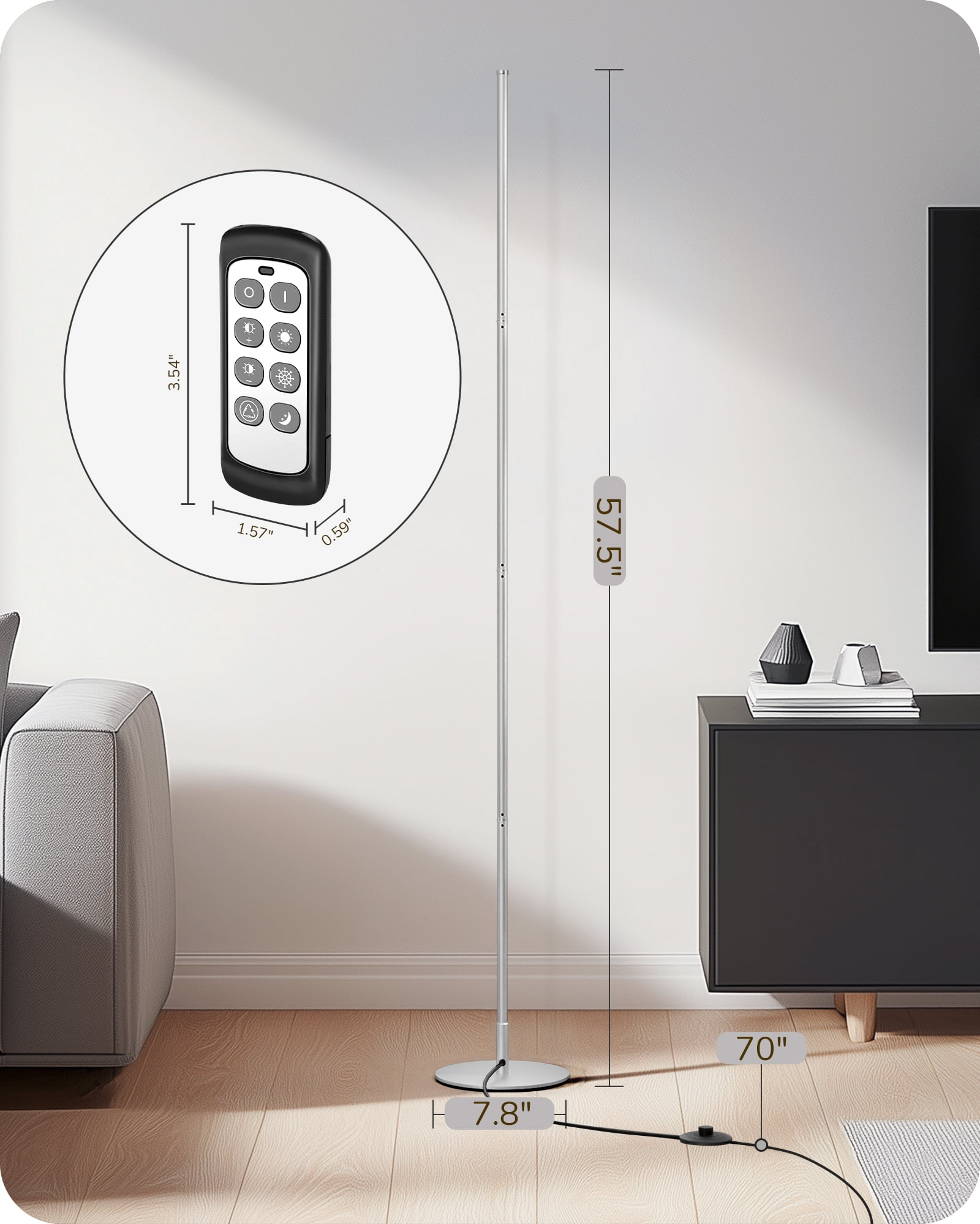 EDISHINE 57.5" Dimmable Modern Floor Lamp for Living Room with Remote, 1 Pack, Silver