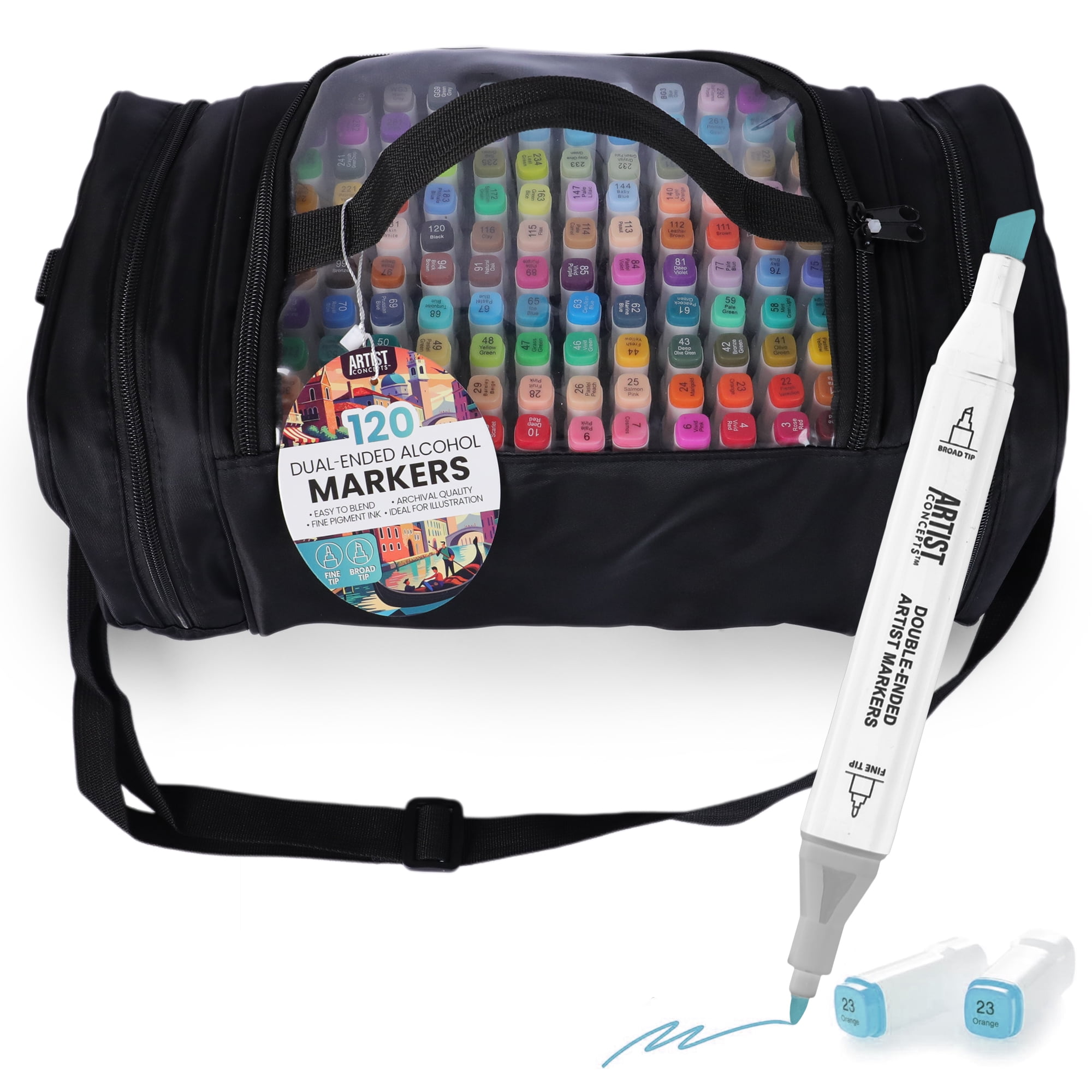 Artist Concepts Dual-Ended Alcohol Markers with Black Carry Case, Fine & Chisel Tips, Multicolor, 120 Count