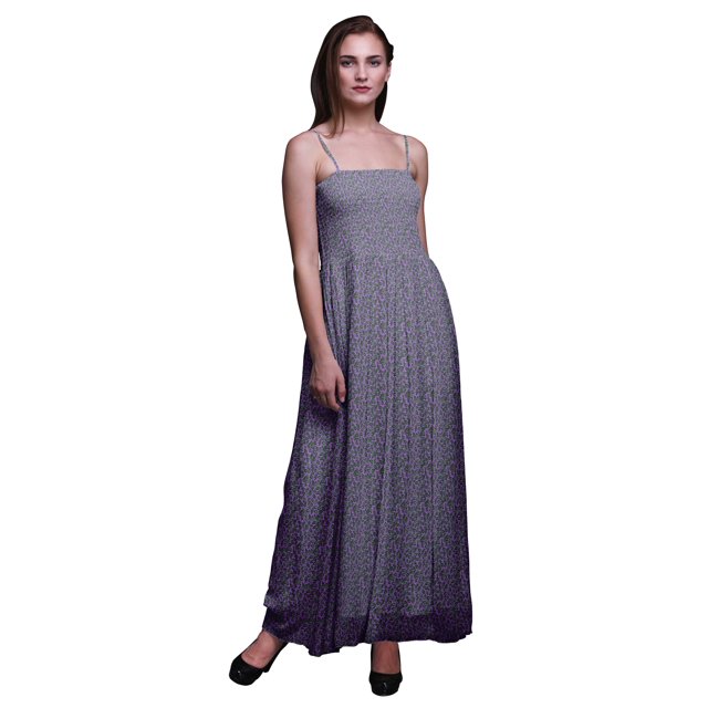 Bimba Robe Longue Maxi Tube à Smocks pour Femmes avec Imprimé Feuilles de Rose - Moyen