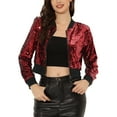 thumbnail image 1 of INSPIRE CHIC Women's Sequin Sparkle Zipper Cropped Bomber Jacket Red-A L, 1 of 5