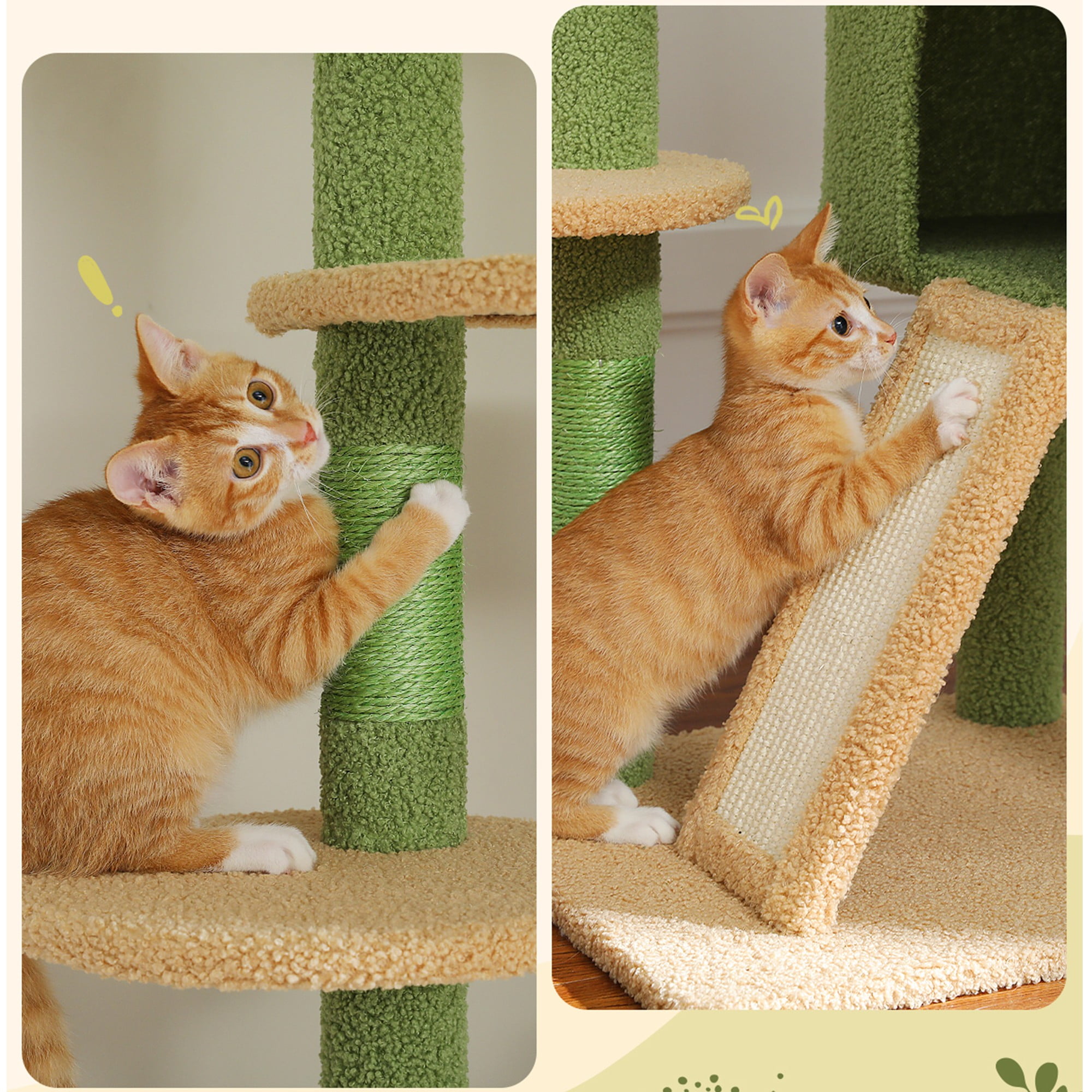 Kadyn Floor to Ceiling Cat Tree Tower Ajustable Height (90.5''~100.4'') 6 Tiers Cactus Cat Tree House with Cat Condo Hammock and Sisal Covered Post for Indoor Cats, Green