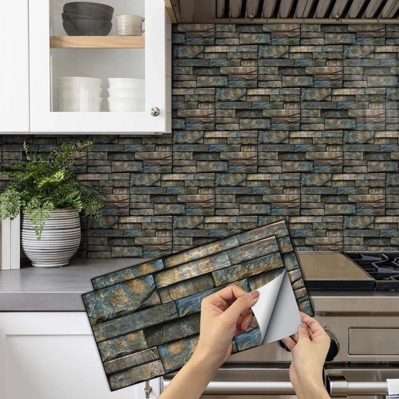6 Pcs Self Adhesive Waterproof Tiles Stickers Wall Decals 11.8'' x 5.9'' Blue Gray Brown Mosaic Brick Retro Pattern Peel and Stick Backsplash