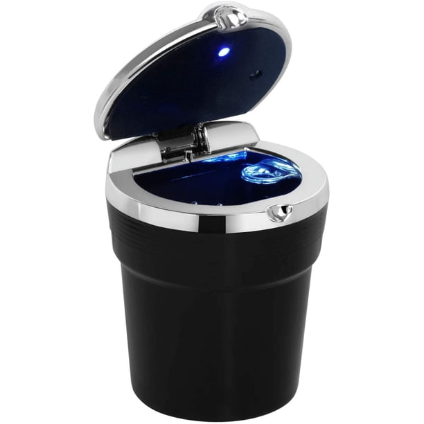 Cenicero para coche - Porta cigarrillos portátil de viaje - Luz LED con tapa abatible - Cenicero autoextinguible - Para coches, furgonetas y camping - Plástico - Negro