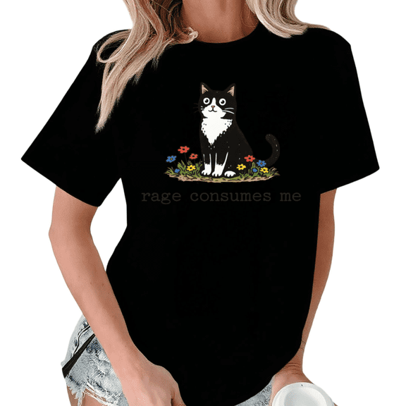 Giffimy Women's Rage Consumes Me Cat Graphic Short Sleeve T-Shirt Black Casual Oversized Top