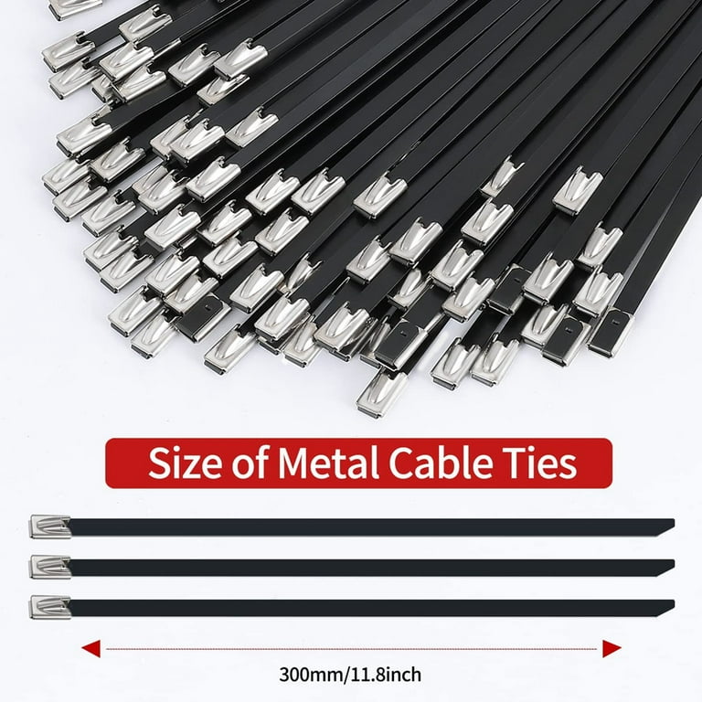 Metal Zip Ties Black 100Pcs 11.8 Inch 304 Stainless Steel Epoxy