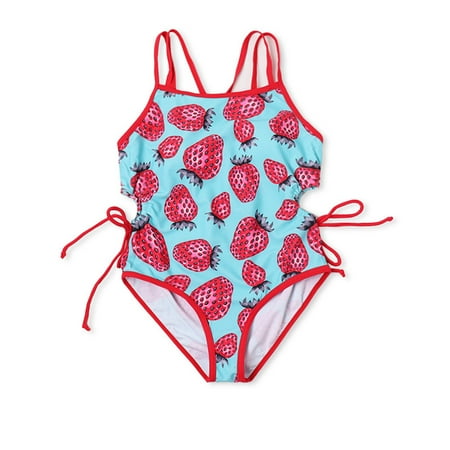 Rggeeun Baby Girls Beachwear Cute Strawberry Pattern One-Piece Swim Wear With Thin Halter & Adjustable Buckle For Kids Swimming Lovely Swimsuit Watermelon Red 6-7 Years
