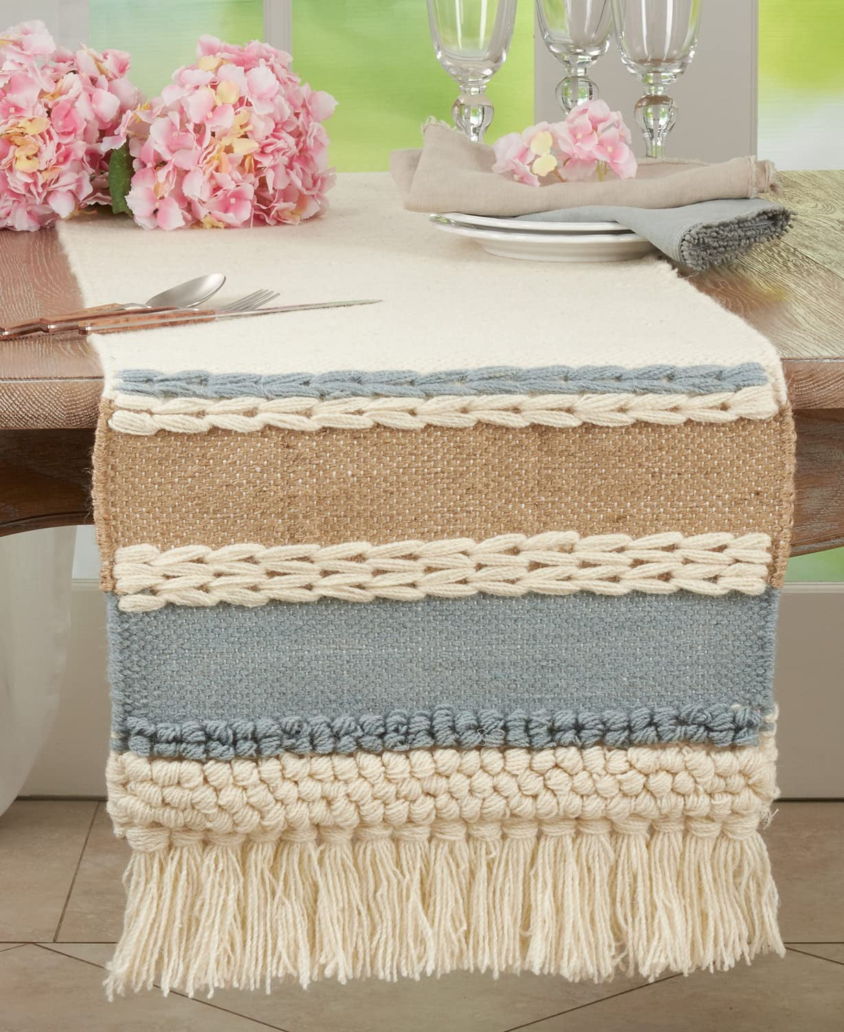 Blue and Natural Wool Boho Table Runner with Tassels
