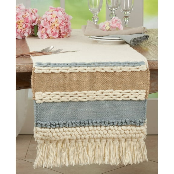 Fennco Styles Textured Boho 100% Wool Decorative Table Runner 16" W x 72" L - Blue Woven Bohemian Table Cover for Home Décor, Dining Table, Banquets and Special Occasion