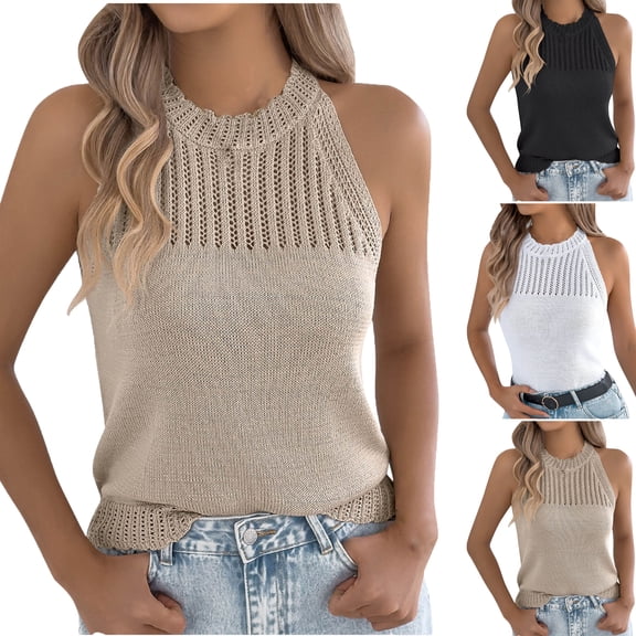 Women's Casual Tank TopsSolid Color Hollow Sleeveless Crew Neck Lightweight Tops & Blouses Women Summer Casual Beach Fashion Shirts Khaki L