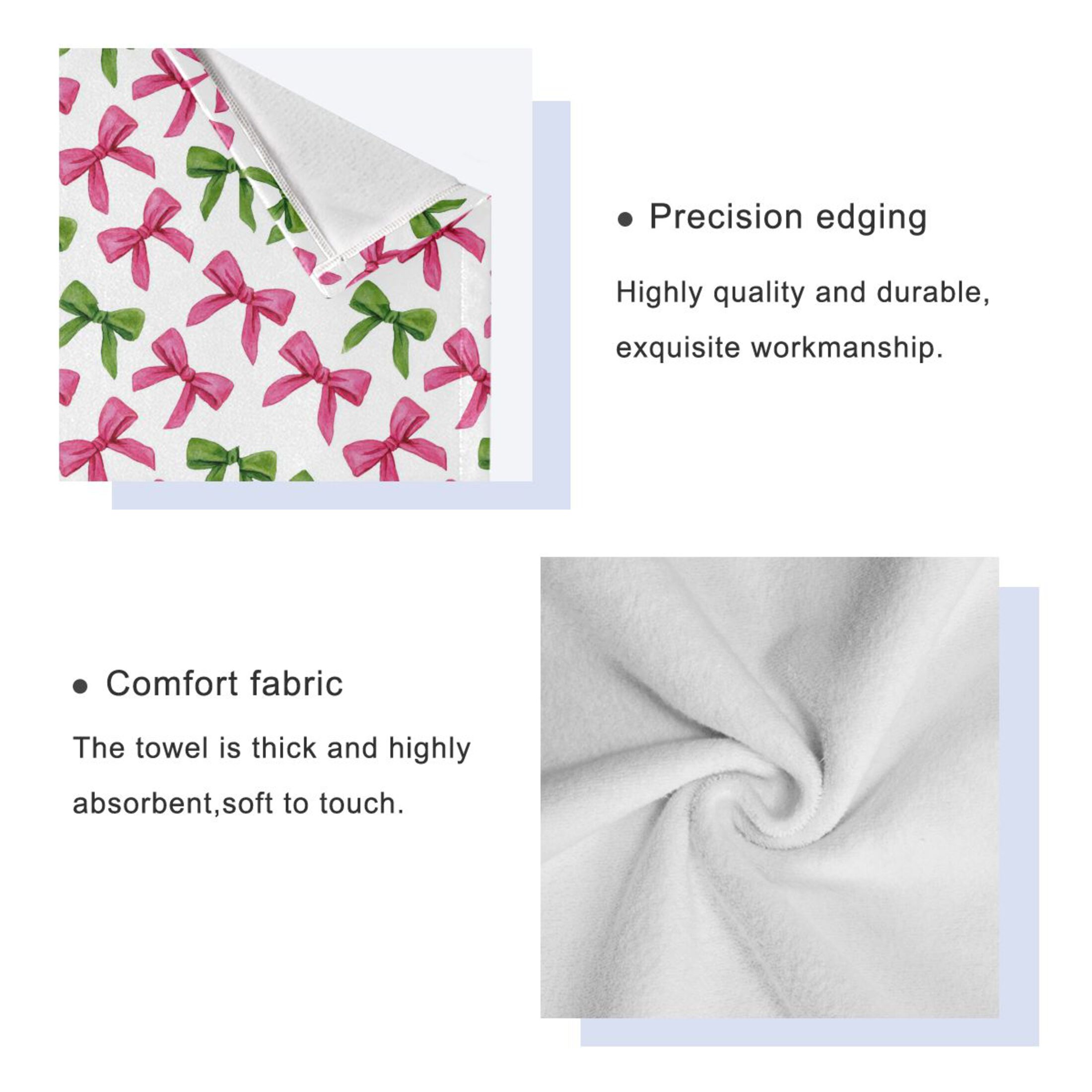 3 Piece Bath Towels Set Bath Towel, Hand Towel and Face Towel for Bathroom, Gym, Hotel Pink Bows and Green Ribbons
