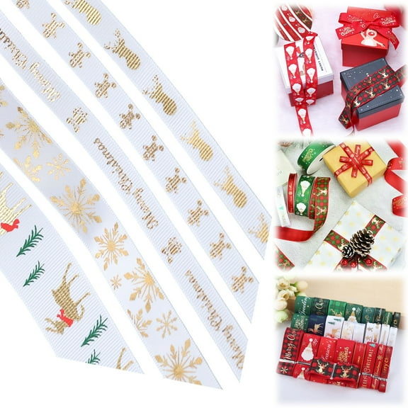 Christmas Grosgrain Ribbon,35.8 Inch Ribbon 5 Rolls Totally 5 Yards Holiday Red White and Green Metallic Glitter Fabric Ribbon Set with Merry Christmas Patterns Perfect for Gift Wrapping,Craft(#001)