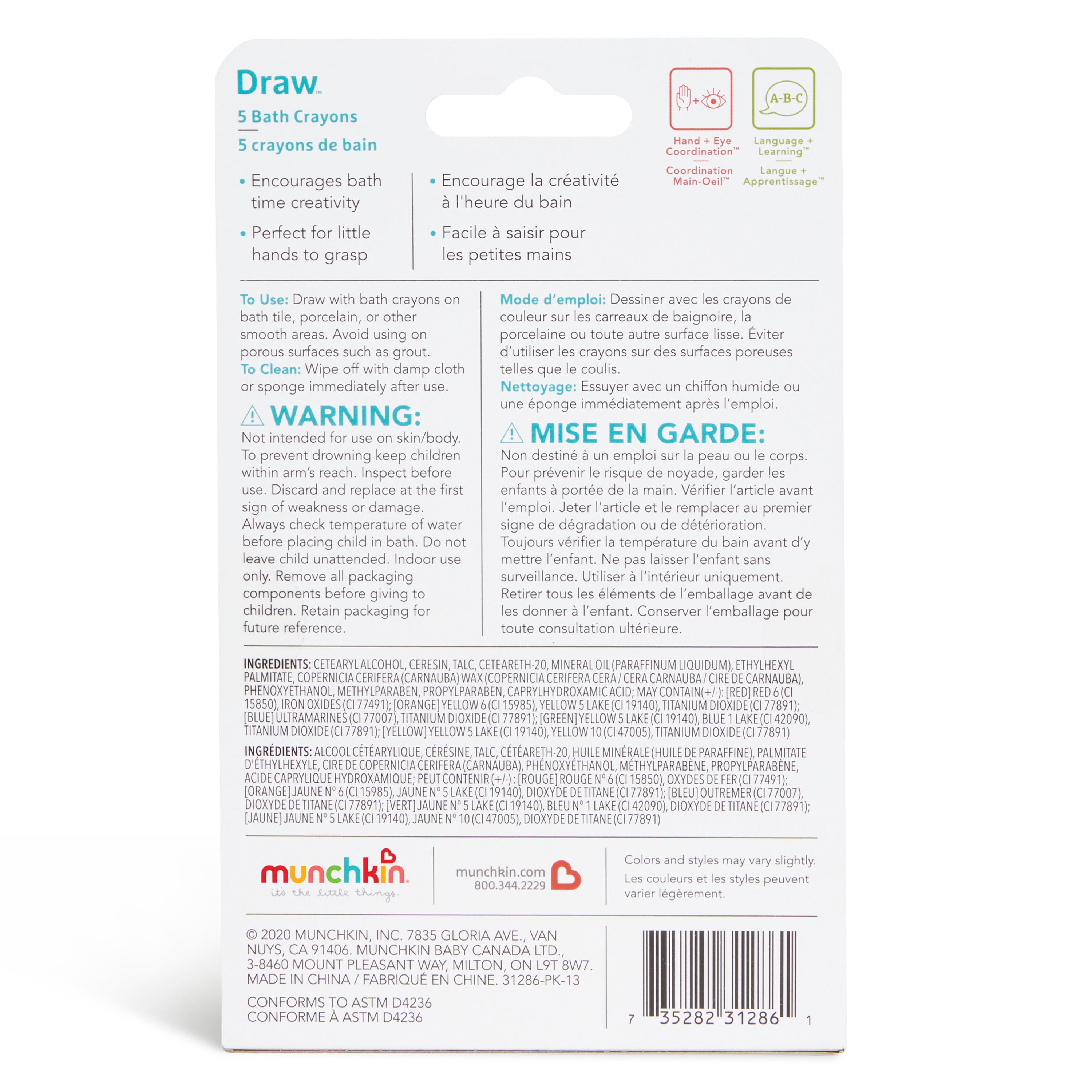 Munchkin® Draw™ Washable Bath Crayons Toddler Bath Toy, 10 Pack, Unisex
