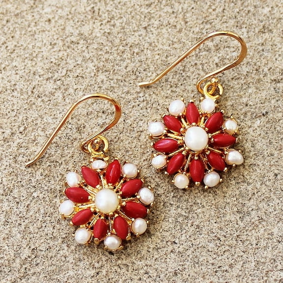 Red Coral and Pearl Flower Design Semi-Precious Multi-Gemstone Earrings 14k Gold Plated wedding gift boxed